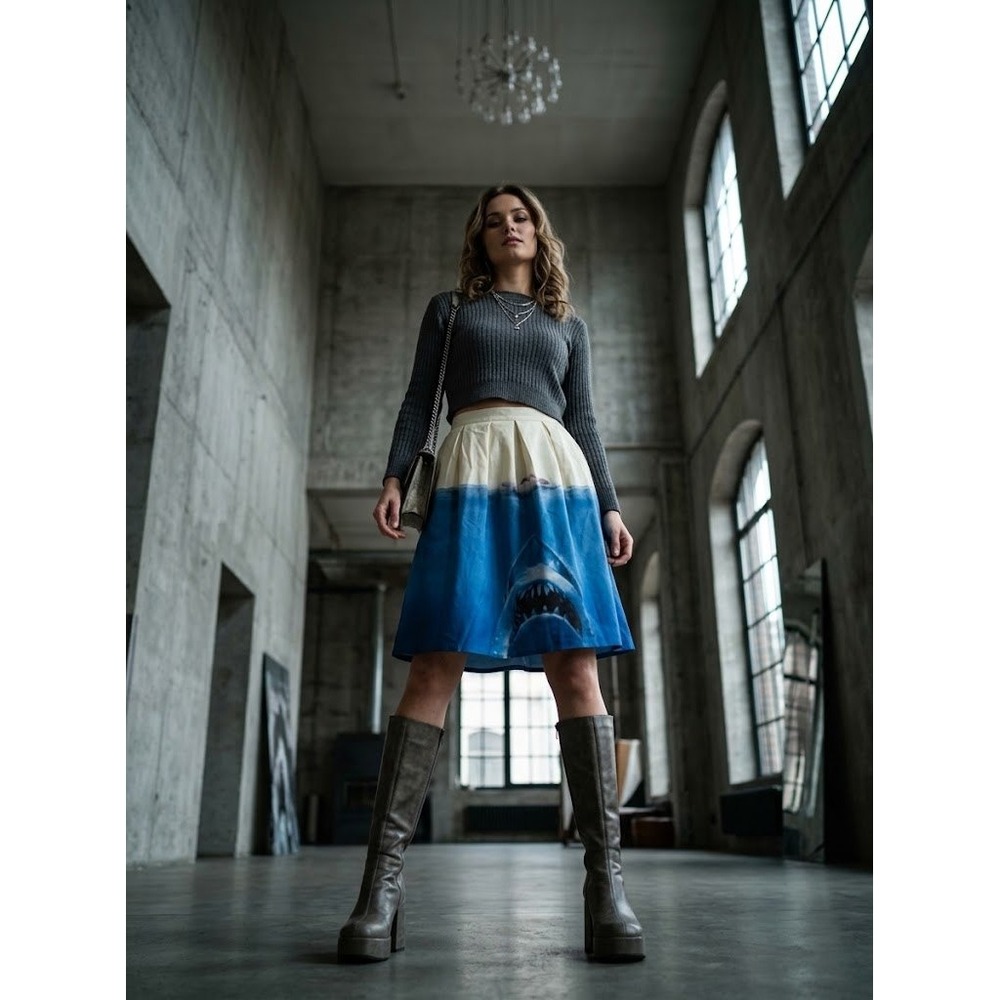 Unique Vintage Skirt Womens L Blue Jaws Great White Shark Swing Pleated Movie - Picture 2 of 6